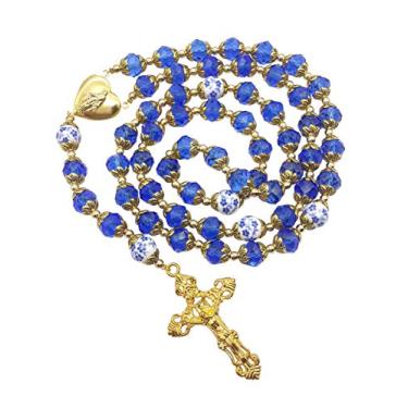 Imagem de Nazareth Store Colar de contas de cristal azul católico, rosário dourado, com contas, medalha de coração milagroso, medalha e cruz religiosa, mulheres, homens, amuleto, Large, Cristal, Sem Pedra