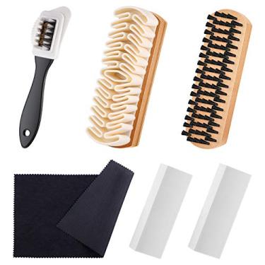 Imagem de O kit de pincéis de camurça e nobuck com 6 peças inclui 1 escova de cerdas, 1 escova de camurça crepe, 1 escova de sapato de 4 vias, 2 borrachas de camurça e 1 pano de polimento de microfibra para limpar sapatos de couro, botas, saltos altos