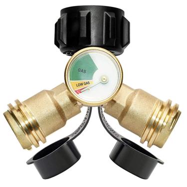 Imagem de Doziant — Adaptador de propano com medidor e adaptador de 2 vias LP para adaptador de gás para cilindro de propano de 20 lb, funciona com churrasqueiras, fogões de acampamento, queimadores de gás, aquecedor