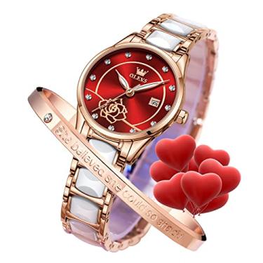 Imagem de OLEVS Relógio feminino ouro rosa cerâmica designer elegante moda luxo 3ATM data impermeável luminoso verde presente de dia dos namorados quartzo, Mostrador vermelho, Vestido moderno