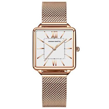 Imagem de HANNAH MARTIN Relógio de pulso feminino com pulseira de aço inoxidável em malha de ouro rosa/prata, casual, impermeável, com mostrador quadrado, Ouro branco, Movimento de quartzo