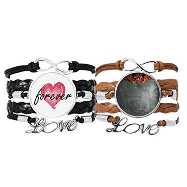 Imagem de DIYthinker Pulseira cinza de cimento com estampa de ornamento de mogno pulseira de mão corda de couro Forever Love conjunto duplo