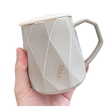 Imagem de Caneca estilo minimalista com tampa de colher estilo nórdico poligonal xícara de café de cerâmica presente para escritório casa (estilo minimalista cinza, 400 ml)