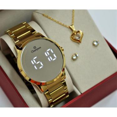 Imagem de Relogio Champion Dourado Redondo Espelhado Lançamento Ch40142b + Kit Semi Joia