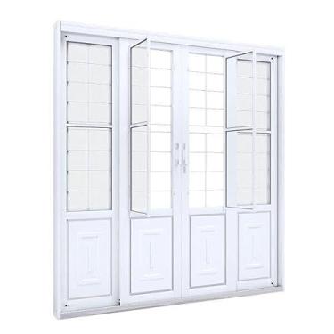 Imagem de Porta de Correr Aço Central com Postigo e Grade Quadrada 2 Folhas Móveis e 2 Fixas Lucasa Facilità 213cmx200cmx13cm Branco