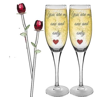 Imagem de BANBERRY DESIGNS Óculos de champanhe – Conjunto de 2 flautas de champanhe e 2 rosas de cristal vermelho – You are my one and Only Loving Saying – Wife Husband Girlfriend Boyfriend Wedding Anniversary