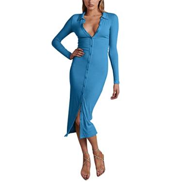Imagem de Metaxas Vestido feminino de manga comprida com fecho de botão canelado quadril cor sólida vestido casual feminino vestidos longos verão, Azul, GG