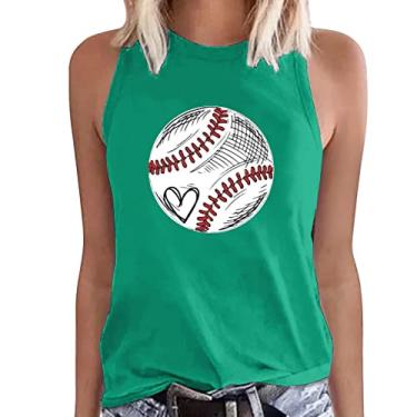 Imagem de Tops de verão para mulheres 2023 Crewneck sem mangas estampa de beisebol gráfico solto ajuste túnica blusas casuais Esporte Pescoço redondo feminino de curta Coração O96-Verde XX-Large