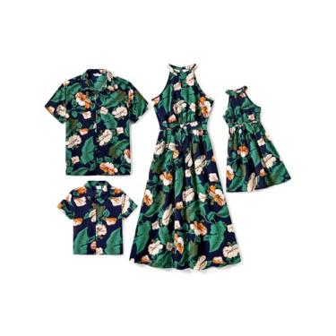Imagem de PATPAT Roupas havaianas combinando para a família, vestidos para mamãe e eu, conjunto de combinação, vestido de verão e camisas com estampa floral tropical, Azul-marinho tropical, G