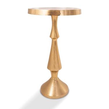 Imagem de OBJET D'ART Mesas de canto pequenas redondas douradas, conjunto de 2, Larissa, 53 cm de altura, detalhes de metal vintage, laterais, pedestal, rabicho e mesas de bebida para sala de estar e espaços