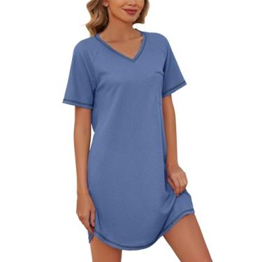 Imagem de Becotal Camiseta feminina de malha waffle de manga curta para dormir confortável para noite, Azul, M