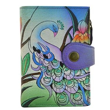 Imagem de Anna by Anuschka Carteira feminina de couro legítimo pintada à mão – fecho de botão de pressão, porta-cartões e bolsos com zíper, Pavão da meia-noite, One Size