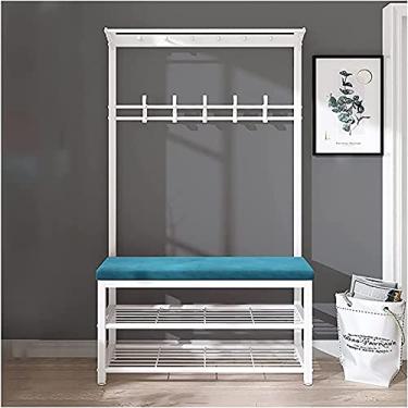 Imagem de Banco de entrada com cabideiro, banco de armazenamento de árvore 3 em 1, cabideiro, banco de sapatos com ganchos, sapateira, almofada de veludo, fácil de montar