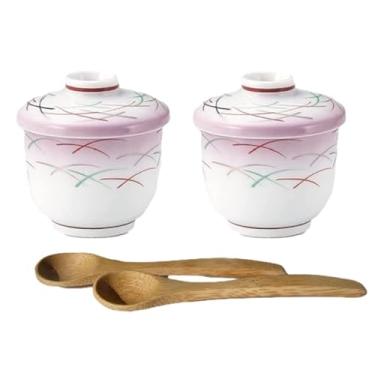 Imagem de Copos de cerâmica japonesa Mino Ware Chawan-mushi com tampa e colher, padrão de linhas, conjunto de 2, TG16809