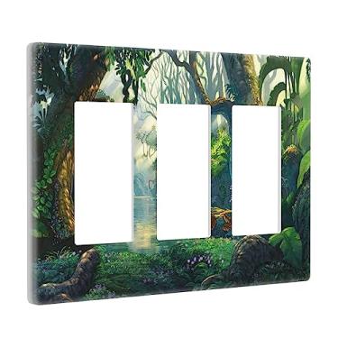 Imagem de Green Fantasy Forest 3 Gang Placa de interruptor de luz selva lagoa rio decorativo triplo balancim placa de parede placa elétrica folhas exuberantes planta mágica conto de fadas mundo quarto sala de