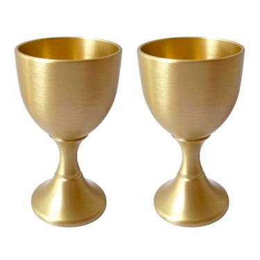 Imagem de UPTALY 2 peças pequenas taças de latão (7 cm x 4.1 cm, 30 ml/por), ouro, copo de saquê de metal, mini taças de vinho, copo shochu de cobre, para jantar, decoração, casamento, festa, aniversário