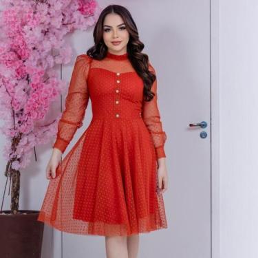 Imagem de Vestido Midi com Manga Longa Tule Poa com Botões - Vestidos de Festa, 