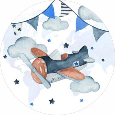 Imagem de Painel de Lona Redondo Aviãozinho Azul Céu Nuvens Bandeirinhas Aquarel