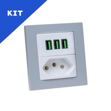 Imagem de Kit Espelho Duplo Reto 1 Tomada 20A 3 USB 5.2A Cinza - CONNECT CAIXA T