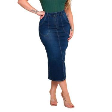 Imagem de Saia Midi Lápis Jeans Azul Com Fenda E Bolso Chapado - 190377 - Meitri