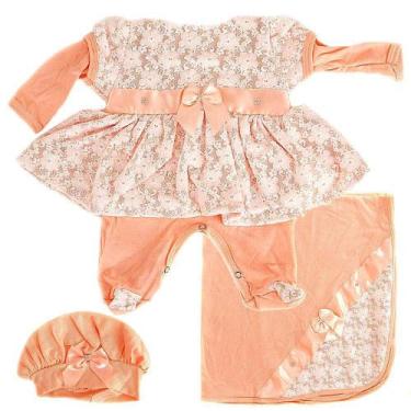 Imagem de Conjunto Saida Maternidade Neném Menina Renda Salmão 4PÇS - Cegonha Re