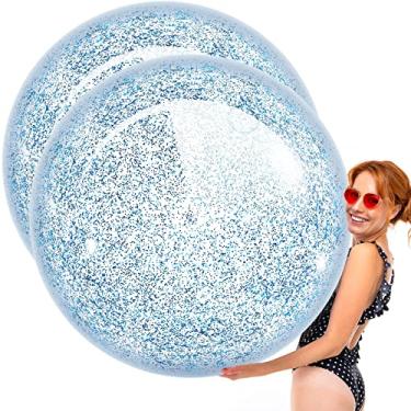 Imagem de Junkin 2 peças de lantejoulas gigantes bola de praia confetes enormes bolas de praia infláveis transparentes bola de praia bolas de praia enormes bolas infláveis jumbo para festa na piscina lembrancinhas de verão (azul)