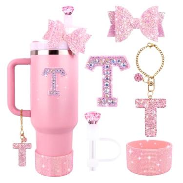 Imagem de Lingdeer Conjunto de acessórios rosa para Stanley Cup 850.5 g 1,134.0 g, pingentes de letras brilhantes, capa de palha de diamante, bota de silicone com glitter, adesivo personalizado, enfeite de