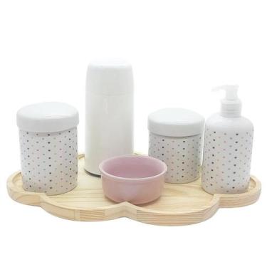 Imagem de Kit higiene 6 peças Poá colorido Molh. Rosa - Bandeja Nuvem - Antilope