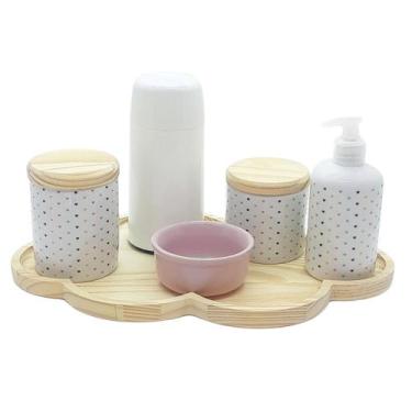 Imagem de Kit higiene 6 peças Poá colorido Molh. Rosa - Bandeja Nuvem - Antilope