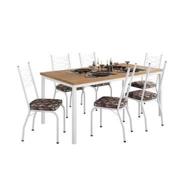 Imagem de Conjunto de Mesa Retangular com Tampo de MDP Amadeirado e 6 Cadeiras Adriana Revestimento Sintético Palha e Branco