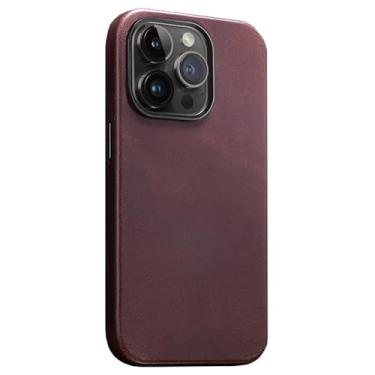 Imagem de HAO RIYLN Capa magnética para iPhone 16 Pro Max/16 Pro, capa de couro genuíno com botão de metal antiarranhões, ultrafina, marrom, 16 PROMAX