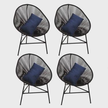 Imagem de Kit 04 Poltrona Cadeira Acapulco Sala Jardim Varanda Preto Com Almofada Quadrada Suede Azul Marinho - Ahazzo Móveis