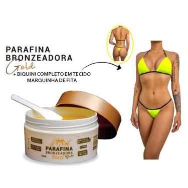 Imagem de Parafina Bronzeadora Gold 120g Lorkin + 01 Biquíni para Marquinha tipo Fita em Tecido Amarelo Neon
