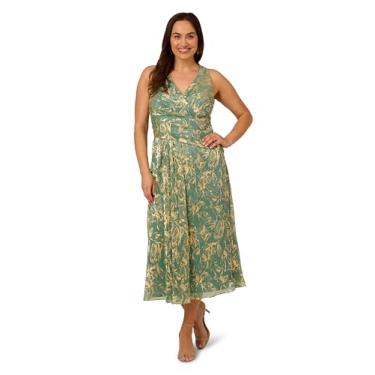 Imagem de Adrianna Papell Vestido midi feminino com decote em V e saia macia, Sálvia/dourado, 25 Plus Size