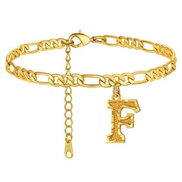 Imagem de Tornozeleiras GoldChic Jewelry com iniciais, personalizadas à prova d'água 4,5 mm de largura redimensionáveis 18K banhado a ouro corrente Figaro inicial letra tornozelo pulseiras para mulheres meninas joias de verão, 22-27 cm de comprimento