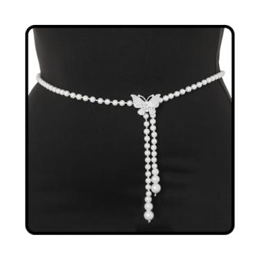 Imagem de Wriidy Cinto de pérola branco feminino Wasit corrente ajustável plus size cintos acessórios para o corpo para vestido, Branco, 45 inches