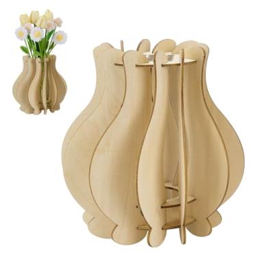 Imagem de FINGERINSPIRE Vaso de flores de madeira com quebra-cabeça de 18 x 20 cm, vaso de madeira branca antigo para buquê de flores, conjunto de montar para blocos de montar, exibição de flores artificiais