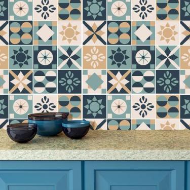 Imagem de Adesivo de Azulejo Hidráulico Bege, Azul e Verde 270 - Inove Papéis de