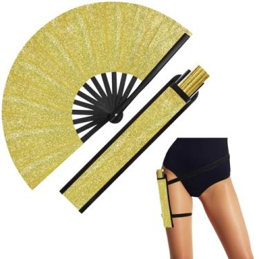 Imagem de Ripeng Ventilador dobrável grande com glitter de 33 cm com coldre para botas dançantes no chão, ventilador de mão para decoração de festa musical, Dourado, 13 inches