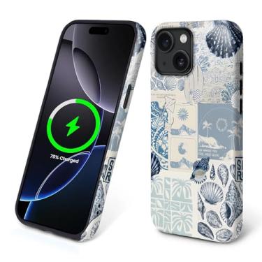 Imagem de Capas para iPhone 14 Plus, acampamento com Magsafe, capa rígida de 2 camadas + capa de silicone - proteção à prova de choque - colagem de concha de vida marinha azul à beira-mar verão