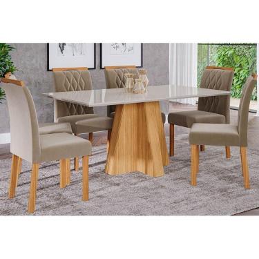 Imagem de Sala De Jantar Completa Patrícia C/ Tampo Madeirado 160cm + 6 Cadeiras Juliana Madeira/suede Joli