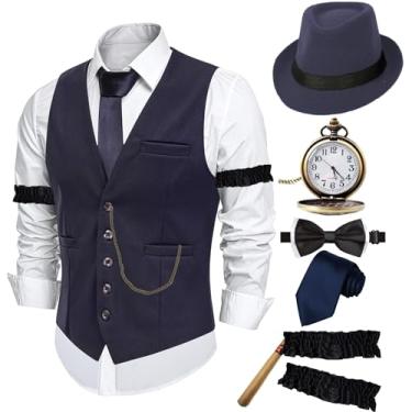 Imagem de ZeroShop Fantasia masculina de Halloween anos 20 Peaky Blinders Roaring 20s Gangster Mobster Outfit, Colete de chapéu azul-marinho, G