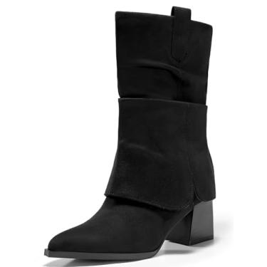 Imagem de Coutgo Botas Femininas Dobráveis De Cano Médio, Bico Fino, Salto Grosso, Curto, Bota Estilo Western Inverno, Pretas, Tamanho 6