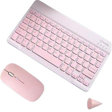 Imagem de Kit Teclado e Mouse Sem Fio Bluetooth – Rosa e Azul, Ideal para Notebook e Tablet (rosa)