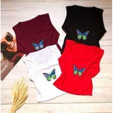 Imagem de Cropped feminino borboleta sem manga malha canelada moça - filo modas,