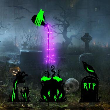 Imagem de BRIGHTDECK Decoração de jardim de Halloween ao ar livre, conjunto de 3 vassouras de bruxa fluorescentes à prova d'água fluorescentes para decoração de Halloween (casa assombrada de abóbora de bruxa