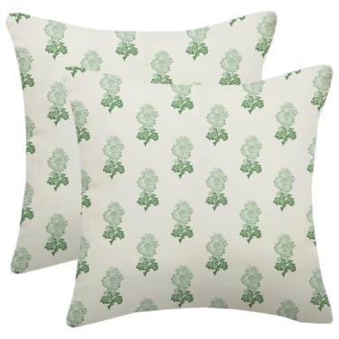 Imagem de AELUTYSH Conjunto de 2 capas de almofada com estampa de bloco verde claro 45,7 x 45,7 cm, boêmio, vintage, floral, fazenda, primavera, verão, flor, capa de almofada decorativa para casa, sofá-cama