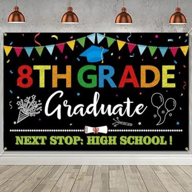 Imagem de PTFNY Faixa de fundo de formatura 8ª série Banner de pós-graduação 8ª série decorações de formatura meninos meninas oitava série decoração de fundo de festa adereços de cabine de fotos
