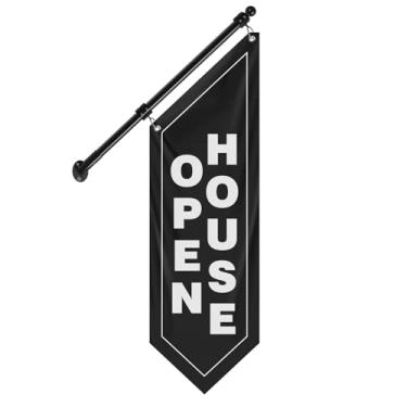 Imagem de QSUM Bandeira de parede de lona de casa aberta, faixa dupla face para imóveis com poste de aço inoxidável e suporte de parede, placa de casa aberta ao ar livre para corretores de imóveis, casas para