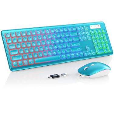 Imagem de Combo de teclado e mouse sem fio – letras RGB retroiluminadas, recarregáveis e iluminadas, tamanho completo, ângulo de inclinação ergonômico, modo de suspensão, teclado silencioso de 2,4 GHz para Mac
